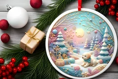 Colorful Winter Scene Puppy Round Sticker Ornament Product Image 2