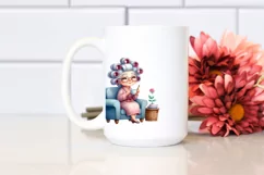 Old Lady Sitting with Hair Curlers and Tea Cup | Sublimation Product Image 2