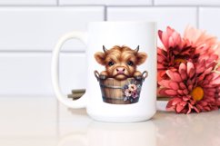 Baby Highland Cow in Wood Bucket PNG Product Image 2