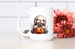 Cute Baby Walrus Holding Pumpkin PNG Product Image 2