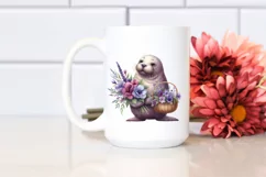 Cute Baby Walrus with Flower Basket Watercolor Clipart Product Image 2