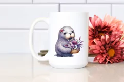 Cute Baby Walrus with Flower Basket Watercolor Clipart Product Image 2