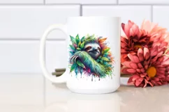 Abstract Vibrant Watercolor Sloth with Leaves and Splashes Product Image 2