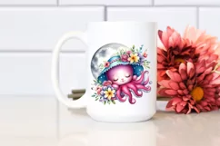 Cute Baby Octopus on Moon with Floral Ornament | Sublimation Product Image 2