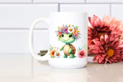 Watercolor Cartoon Turtle with Flower Crown | Clipart Product Image 2