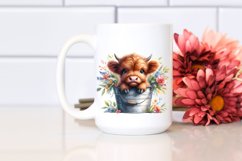 Cute Baby Highland Cow in Bucket with Flowers PNG Product Image 2