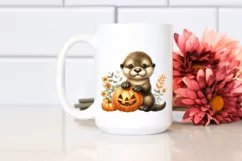 Cute Baby Otter Holding Halloween Pumpkin PNG Product Image 2
