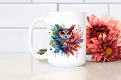 Abstract Vibrant Watercolor Owl with Leaves and Splashes Product Image 2