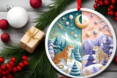 Colorful Winter Scene Tiger Round Sticker Ornament Product Image 2