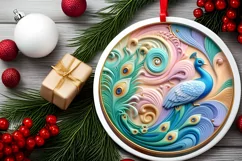 Colorful Winter Scene Peacock Round Sticker Ornament Product Image 2