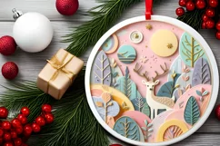 Colorful Winter Scene Deer Round Sticker Ornament Product Image 2
