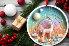 Colorful Winter Scene Deer Round Sticker Ornament Product Image 2
