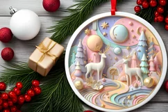 Colorful Winter Scene Deer Round Sticker Ornament Product Image 2