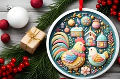 Colorful Chicken Winter Scene Round Ornament Sublimation PNG Product Image 2