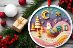 Colorful Winter Scene Chicken Round Sticker Ornament Product Image 2