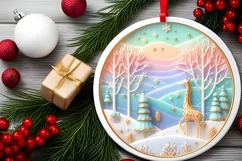 Colorful Winter Scene Giraffe Round Sticker Ornament Product Image 1