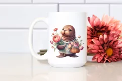 Cute Baby Walrus with Ranunculus Bouquet PNG Product Image 2