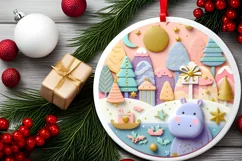 Colorful Pastel Round Christmas Scene with Hippo 3D Material Product Image 2
