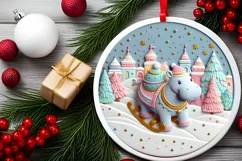 Colorful Christmass Scene Hippo Round Sticker Ornament Product Image 1