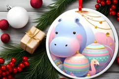 Colorful Christmass Scene Hippo Round Sticker Ornament Product Image 2
