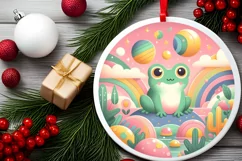 Colorful Winter Scene Frog Round Sticker Ornament Product Image 2