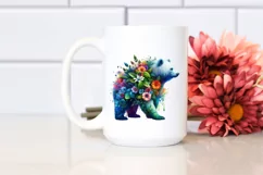 Abstract Vibrant Watercolor Bear with 3D Flowers PNG Product Image 2