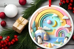 Colorful Christmass Scene Penguin Round Sticker Ornament Product Image 2