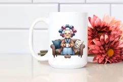 Watercolor Old Lady Sitting on Couch | Sublimation Clipart Product Image 2