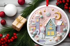 Colorful Christmass Scene A Cat Round Sticker Ornament Product Image 2