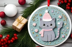 Colorful Christmass Scene A Cat Round Sticker Ornament Product Image 1