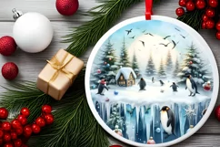 Watercolor Penguins Winter Scene Round Ornament Sublimation Product Image 2