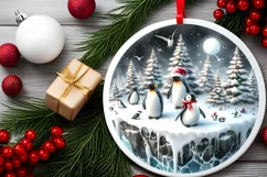Watercolor Penguins Winter Scene Round Ornament Sublimation Product Image 2