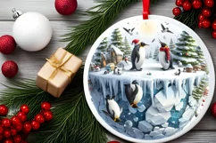 Watercolor Penguins Winter Scene Round Ornament Sublimation Product Image 2