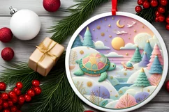 Colorful Winter Scene Turtle Round Sticker Ornament Product Image 2
