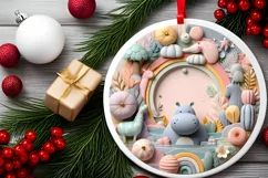 Colorful Winter Scene Hippo Round Sticker Ornament Product Image 2