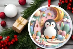 Colorful Winter Scene Penguin Round Sticker Ornament Product Image 2