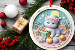 Colorful Pastel Round Christmas Scene with Kitten 3D Product Image 2