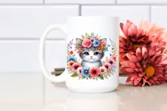 Cartoon-Style Watercolor Flower Crown Kitten Clipart Product Image 2