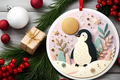 Colorful Penguin Christmas Scene Round Ornament Sublimation Product Image 2