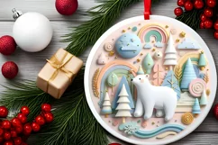Colorful Polar Bear Winter Scene Round Ornament Sublimation Product Image 2