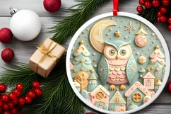 Colorful Owl Christmas Scene Round Ornament Sublimation PNG Product Image 2