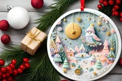 Colorful Owl Christmas Scene Round Ornament Sublimation PNG Product Image 2