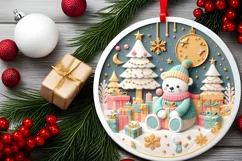 Colorful Bear Christmas Scene Round Ornament Sublimation PNG Product Image 2