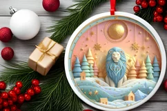 Colorful Lion Winter Scene Round Ornament Sublimation PNG Product Image 2
