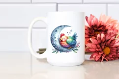 Colorful Watercolor Chicken on Moon Clipart Product Image 2