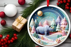 Colorful Rhino Winter Scene Round Ornament Sublimation PNG Product Image 2
