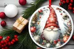 Watercolor Christmas Gnome Round Ornament Sublimation PNG Product Image 2