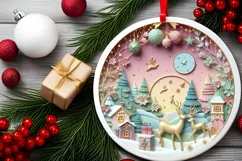 Colorful Deer Christmas Scene Round Ornament Sublimation PNG Product Image 2