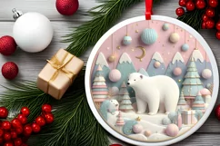 Colorful Polar Bear Winter Scene Round Ornament Sublimation Product Image 1