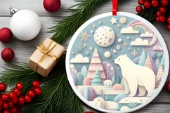 Colorful Polar Bear Winter Scene Round Ornament Sublimation Product Image 2